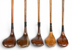 5x Assorted socket neck woods incl an Ernest Bradbeer bulldog spoon, A Oakley of Middlesex deep