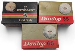3x Boxes of Vintage Dunlop 65 Golf Balls, in red and black, boxes all wrapped, complete boxes of 6