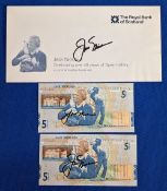 2x Royal Bank of Scotland Five Pound Notes Autographed by Jack Nicklaus, consecutive serial