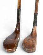 2x Auchterlonie wooden mallet head socket neck long nose putters one dark stained with gold