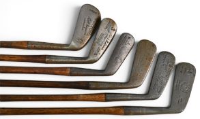 6x Assorted Gold clubs all bearing the Robert Simpson Carnoustie name incl 2x jiggers, mashie, and