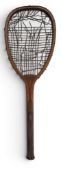 F H Ayres London, flat-top wooden racket c1890s, retail marks of Smith & Son Reading, period thick