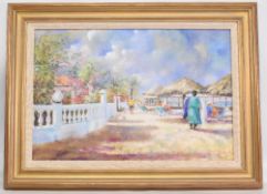 Original England Cricket interest signed pastiche of a beach scene in Antigua during a Cricket tour.