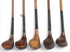 5x Assorted scared neck woods incl a bulger stamped Braddell, deep faced brassie with central