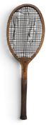 Period Fantail Tennis Racket, no makers name, with convex wedge neck, leather butt cap, original gut