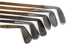 6x Assorted Left Hand Golf irons to incl Gene Rilley small head wide soled niblick with central ball
