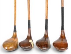 4x Large head socket neck woods a Walter Hagen driver, David Low stripe topped spoon, H Reveley dark