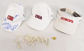 Golf memorabilia to include a multi signed GBI Cap, a Europe Palmer Cup Sun Visor, a USA Palmer