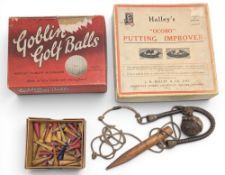 Vintage Golf Collectables, to include wooden golf tees, an empty Goblin mesh golf ball box, Ocobo