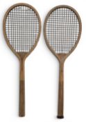 2x 19th century My Darling Junior Wooden Tennis Rackets 24”, good strings, one missing its leather
