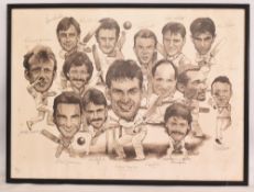 Framed Print Cricket Caricature of Kent Cricket players from the 1989 squad. Signed by various