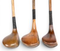 3x Socket neck woods a spoon stamped with the AH Scott of Elie and the crown and lion mark, J
