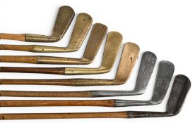 8x Assorted blade putters incl 5x brass heads by Tom Stewart serpent mark for D McEwan, Forgan