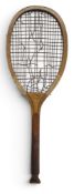 c1920 Clapshaw & Cleave The Eclipse Fishtail Wooden Tennis Racket, worn gut strings, still