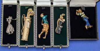 5x Vintage Golf Brooches Costume Jewellery - golf clubs, golfers