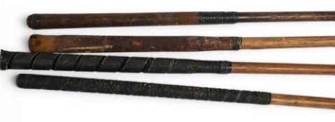 4x Scared neck woods incl a deep faced brassie stamped A Patterson, driver stamped F Steel, a bulger