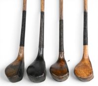 4x Late scared neck woods a driver stamped J Wilson with central leather face insert and 3x brassies