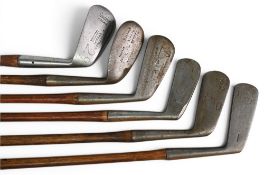 6x Assorted Golf clubs to incl Bob Munro musselback mashie niblick with oval head, JB Breane
