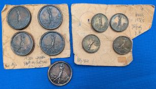 9x Ladies Coppered Finish Golfing Coat Dress Buttons c1930, two different sizes 3.6cm and 2.8cm