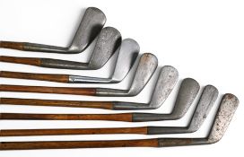 8x Assorted Golf irons with indistinct makers marks to incl a cleek, mid irons, mashies and