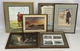 Six assorted golf Prints and a Painting: Last to Play F M Bennett print, Lawson Wood Tongue Tied,