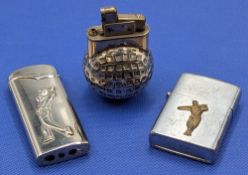 3x Golf Themed Lighters, a vintage mesh golf ball lighter (not working), Dragon super lighter with