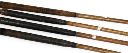 4x Late scared neck woods a driver stamped J Wilson with central leather face insert and 3x brassies