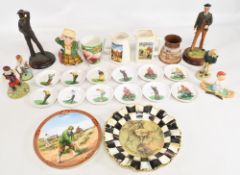 Golfing Collectables to include a resin golfer on plinth, a Staffordshire Toby Jug, a Sue Janson