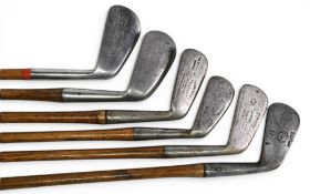 6x Interesting various Golf irons incl Harry Roffe Longcliff, The Stopem mashie with decorative face