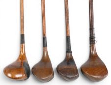 4x Socket neck woods incl large head brown stained driver stamped Jellicoe Wallasey, W Perrins small