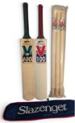 Vintage Old Shop Stock Slazenger Cricket Bats and Stumps: a V600 cricket bat with bat cover, V100