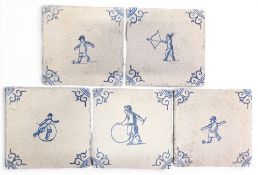 5x Delft style Sporting Tiles, depicting football, hoopla, archery - 13cm x 13cm unknown age