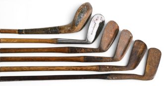 6x Assorted Golf clubs incl 3x Maxwell irons a mid iron, mashie and mashie niblick in need of