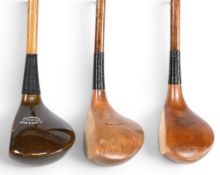 3x Left Hand Golf woods incl Carstairs light stained persimmon brassie, a Forgan Scotia light