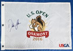 2016 US Open Dustin Johnson (Winner) Oakmont Signed Pin Flag – in white style with signature in