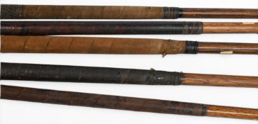 5x Late small head scared neck woods incl a driver stamped Ben Sayers in dark brown persimmon, 4x