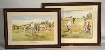 2x Douglas E West Golf prints named - And now the 19th Hole, and The Long Chip - framed under