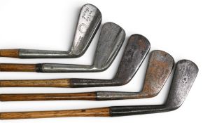 5x Various Golf irons incl Jas T Goudie of Edinburgh flanged sole mashie, Momax by Gibson of