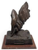 Large resin Golf Trophy Award, hands grasping a golf club, on wooden plinth, marked RT. #31cm tall