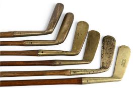 6x Various styled brass blade putters incl 2x Gems and 4x straight blades – all fitted with grips