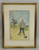 John Stikes - Irate Golfer and scared caddy - watercolour, pen and pencil signed and dated 1936 -