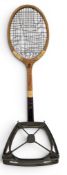 c1940 Slazenger Demon Wooden Tennis Racket, worn strings, original handle grip with aluminium