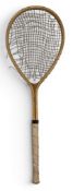 c1890 Geo G Bussey Wooden Badminton Racket, with worn gut strings, retailers stamp of W A Wood