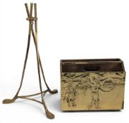 Brass tri footed Golf Club Stand Display, with a copper hammered embossed golf themed magazine rack