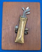 Period Brass Gold Themed Desk Tidy Clip, a set of golf clubs and balls, sprung loaded mounted on
