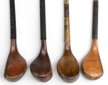 4x Scared neck woods incl a left hand Wm Park brassie with near full face leather insert, A Nash