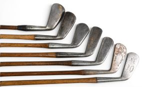 7x Assorted long and mid Golf irons – incl a round back Gibson of Kinghorn medium iron, Cunningham