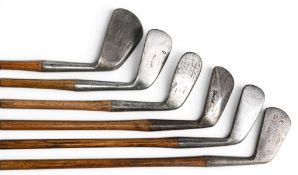 6x Various lofted Golf irons incl very deep face model B Spalding Goldsmith mashie, concentric