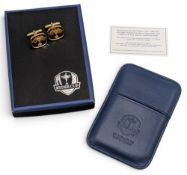 2014 Ryder Cup Gleneagles Leather Business Card Wallet, boxed unused, plus a pair of loose gold