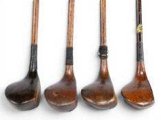 4x Socket neck woods incl a J Winton driver with central black insert, a Gibson of Kinghorn driver